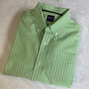 Arrow, Boys 18 XL, Green Striped Cotton Button Down Collar Shirt, EUC
